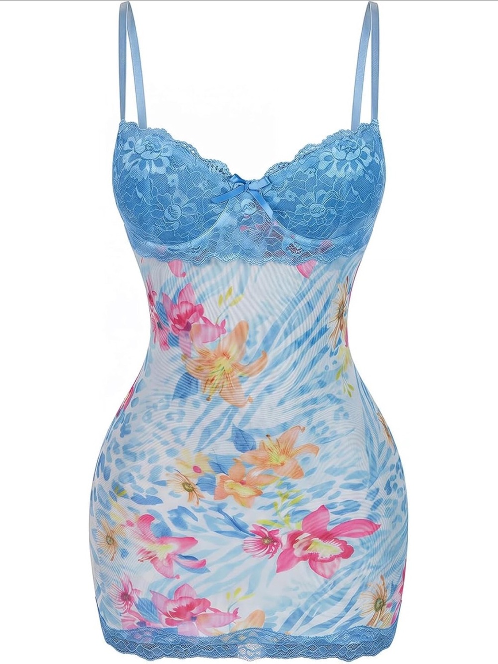 Floral Lace-Top Blue Chemise with Adjustable Straps